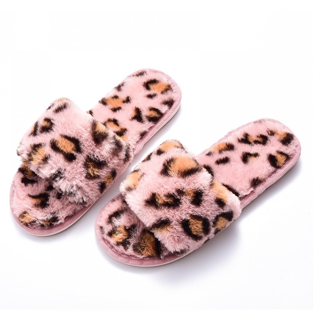 Womens Leopard Fuzzy Slippers Chic Ladies Open Toe Slides