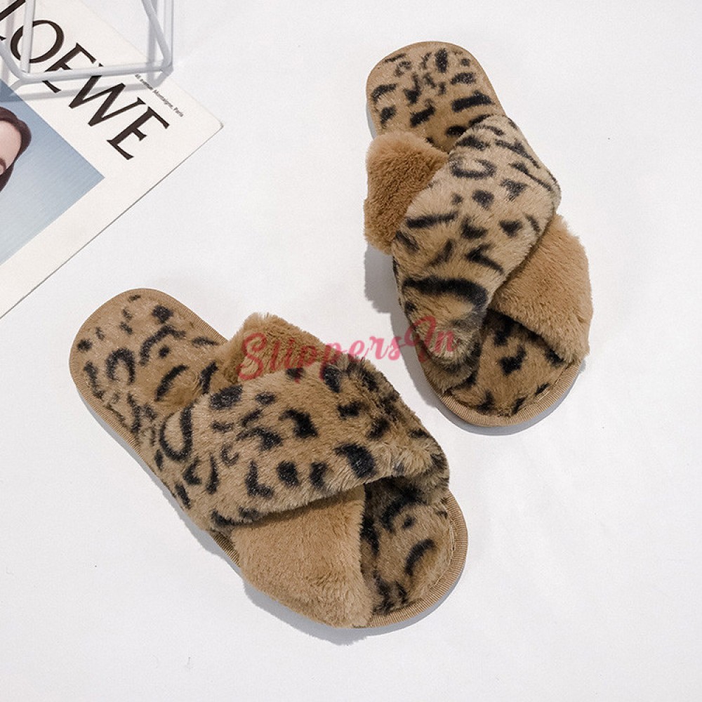 Leopard Fuzzy Slippers Womens Cross 