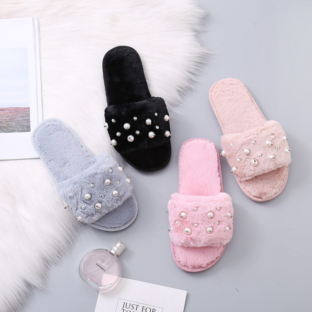 Fluffy Slides with Pearls Pink Fuzzy 