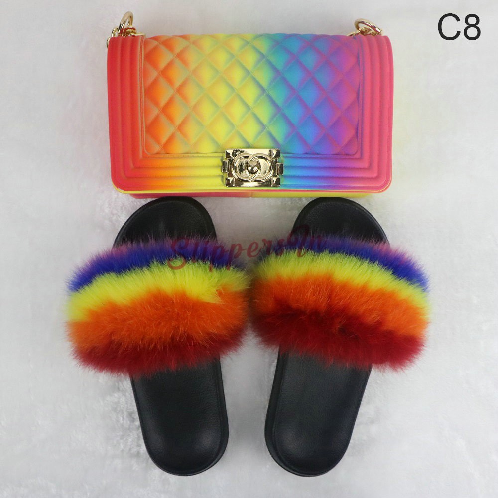 Rainbow Fox Fur Slides with Matching Jelly Handbags