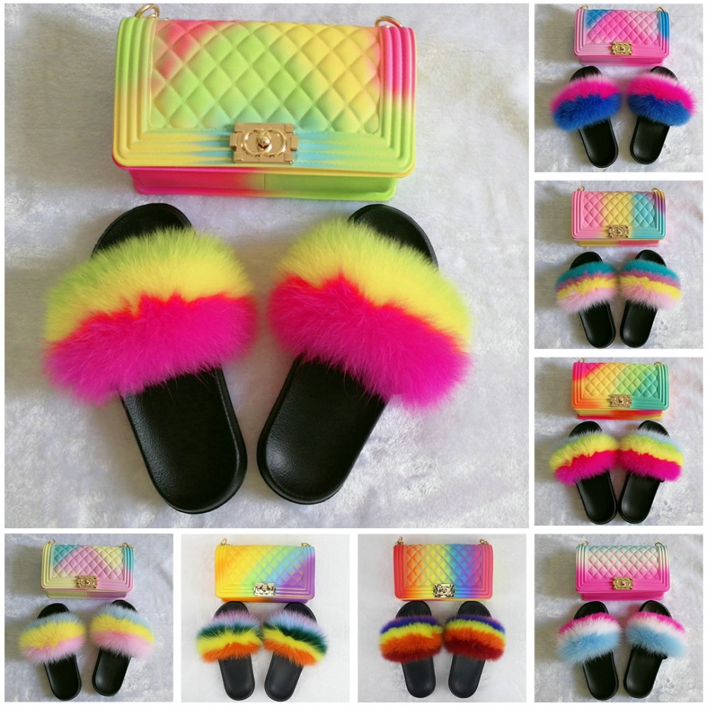 Rainbow Fox Fur Slides with Matching 