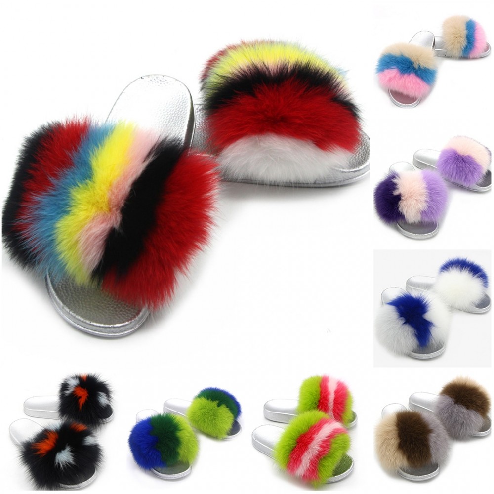 New Rainbow Fox Fur Slides Silver Sole Furry Sandals