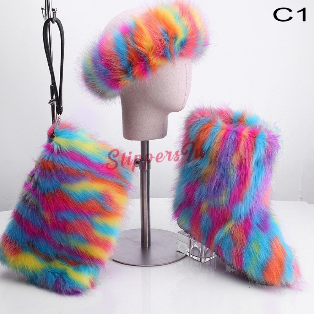 Fluffy Faux Fur Boots Rainbow Color 