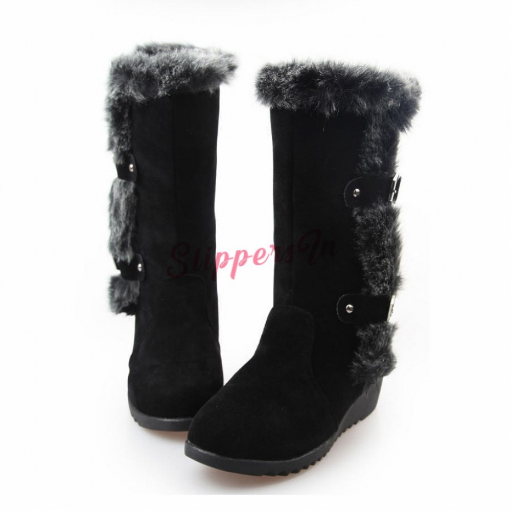 Women's Faux Fur Snow Boots Black Mid 