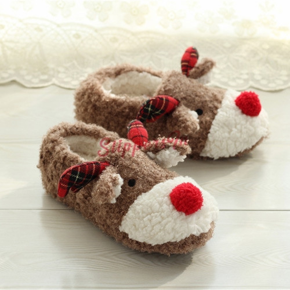 Women's Christmas Slippers Reindeer Fleece Warm House Shoes