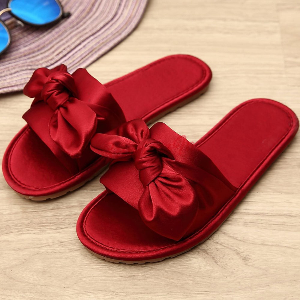 Womens Silk House Slippers with Bow Flat Memory Foam Slides for Wedding