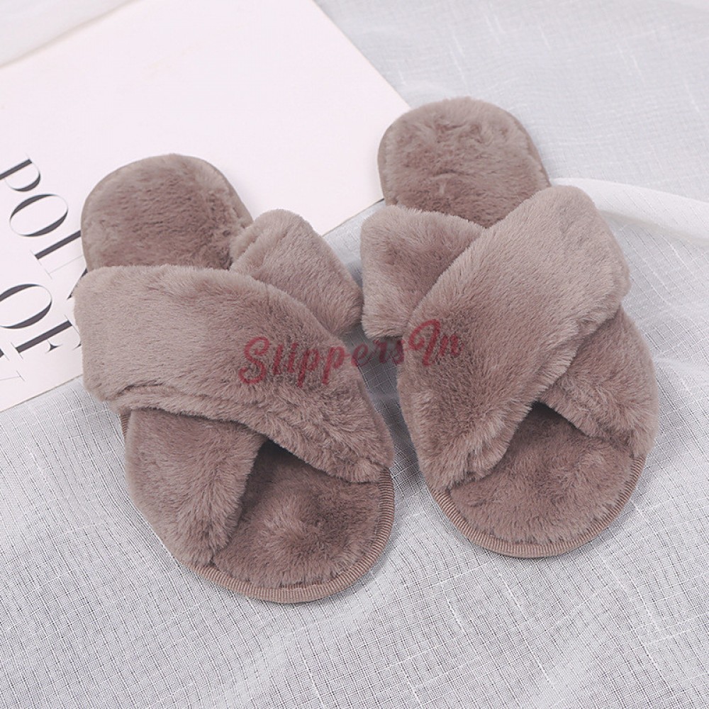 Womens Fuzzy Slippers Cross Band Ladies 