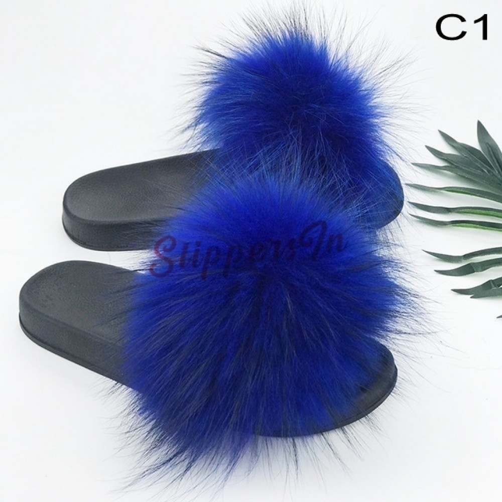Royal Blue Fox Fur Slides Summer Women 