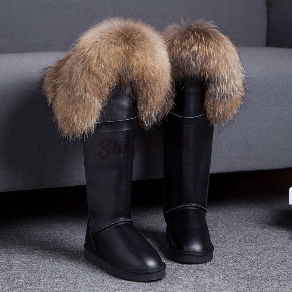 Luxury Women's Tall Fur Boots Winter Leather Over the Knee Boots