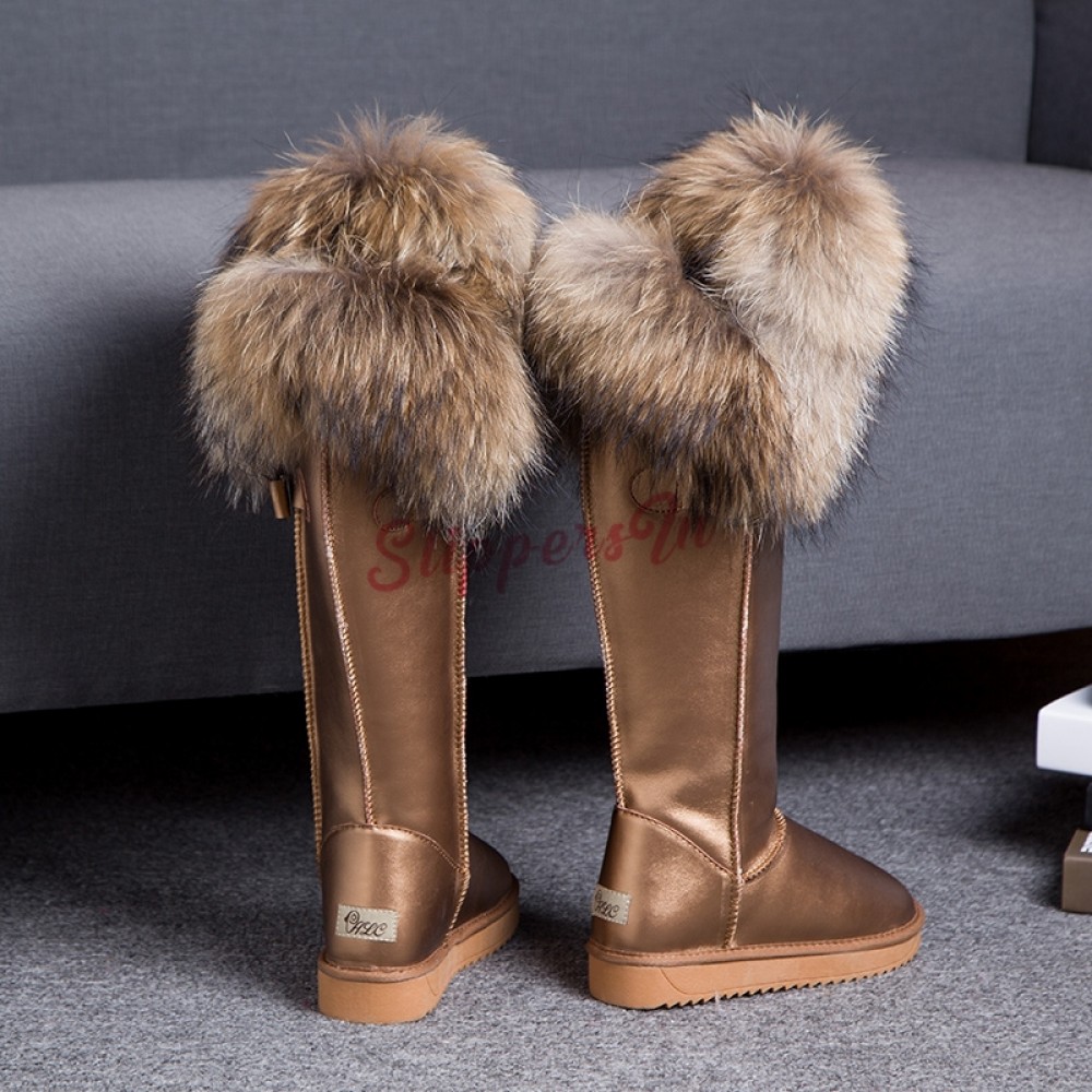 Luxury Women's Tall Fur Boots Winter Leather Over the Knee Boots