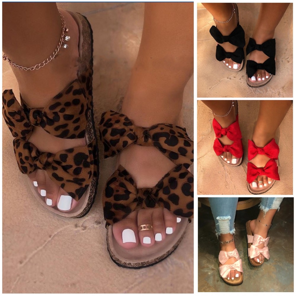 Cute Leopard Bow Sandals Flat Flip Flop 