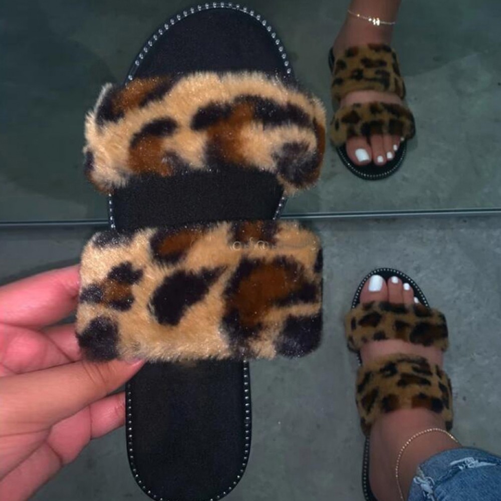leopard print fur slides