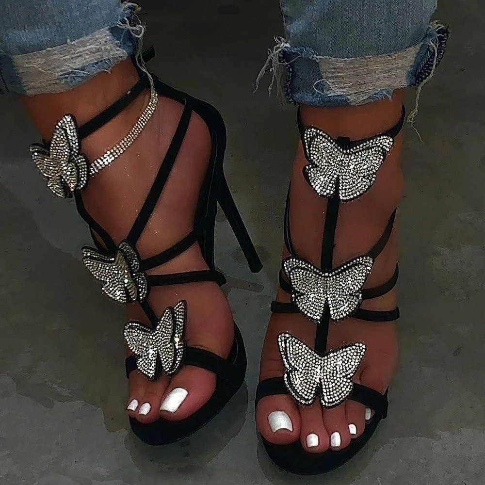 Stiletto Heels Strappy Rhinestone Butterflies Open Toe Sandals