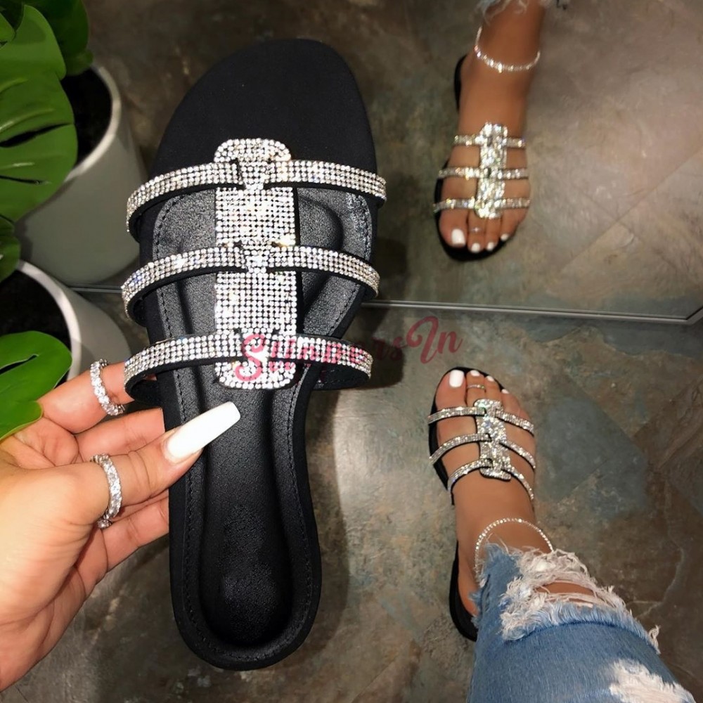 Shiny Silver Slide Sandals Rhinestone Women's Open Toe Sandals