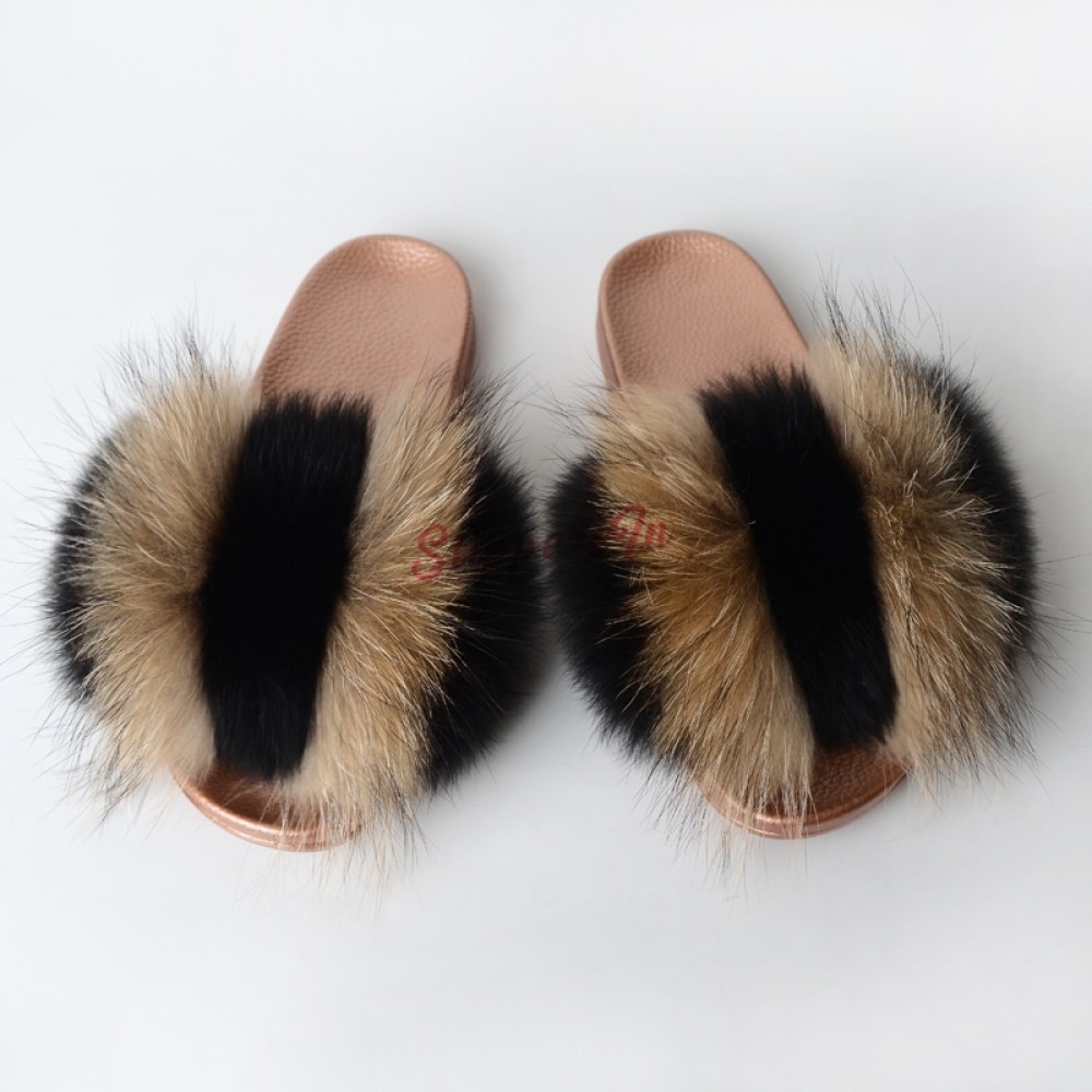 Gold Fluffy Fur Slides New Arrival Open Toe Fur Sandals