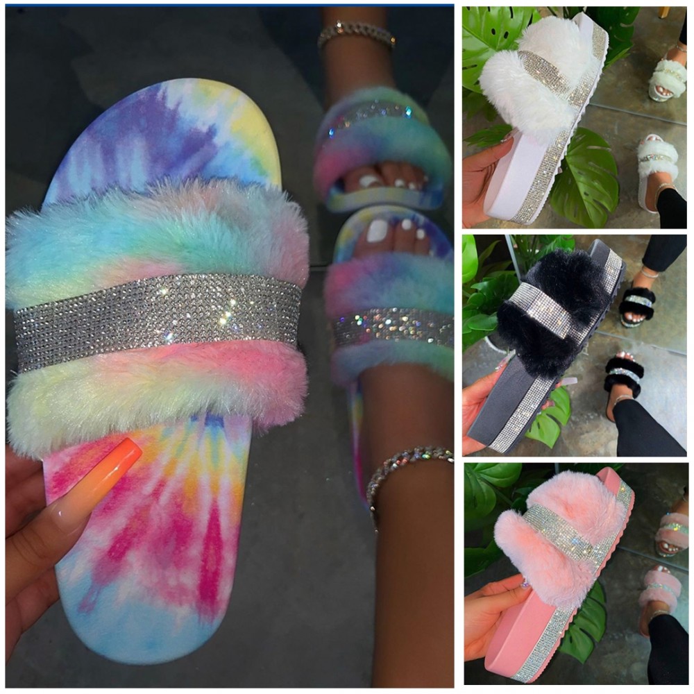 Shiny Fuzzy Platform Sandals Rhinestones Women's Flatform Slippers