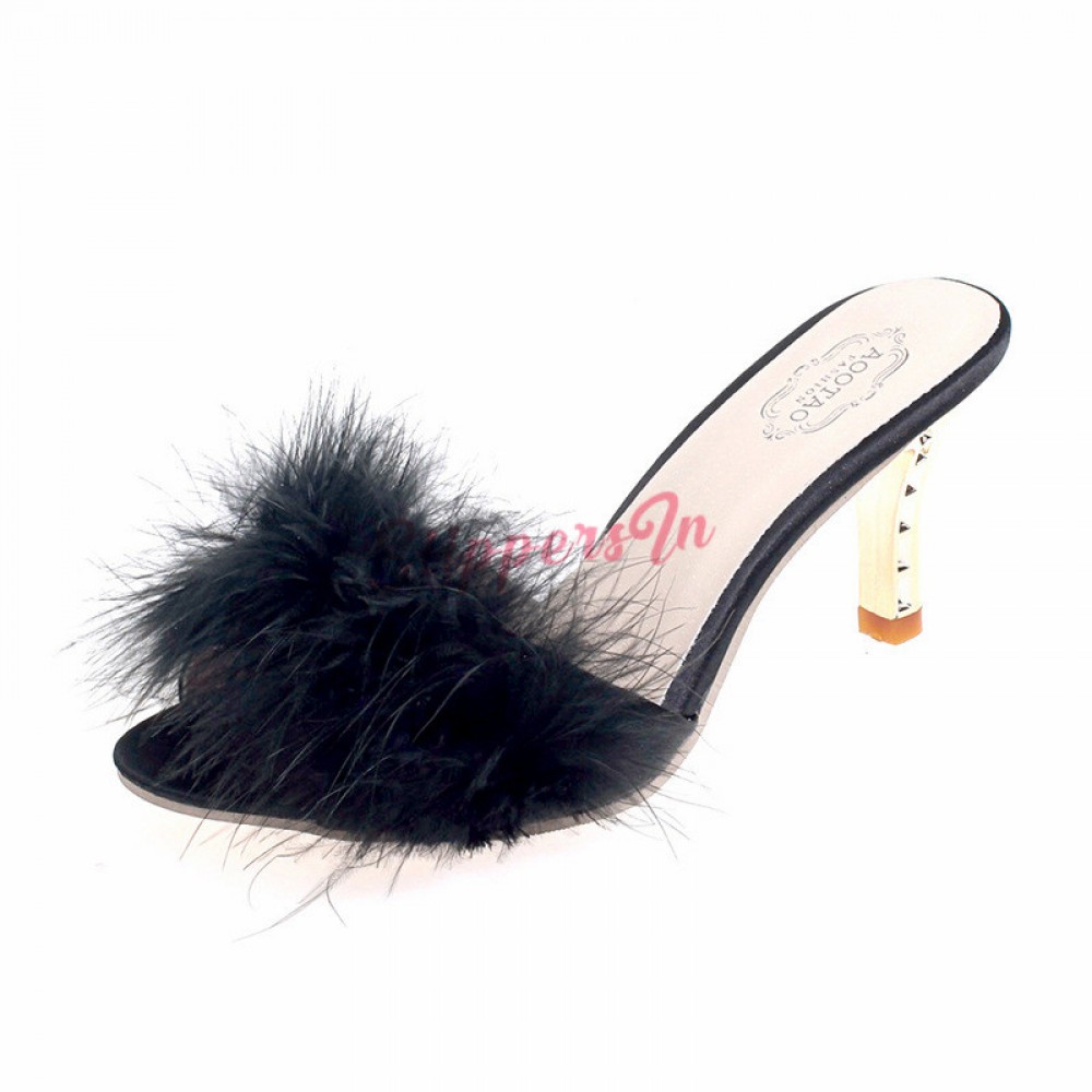 Womens High Heel Fur Slippers Chic Ladies Fuzzy Sandals