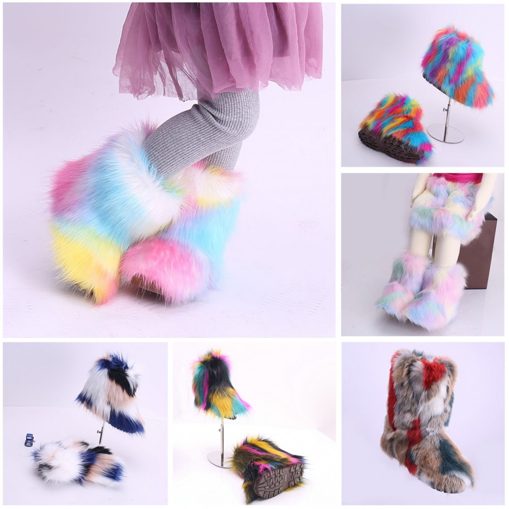 Faux Fur Girl's Boots Rainbow Color Winter Boots for Toddlers and Kids