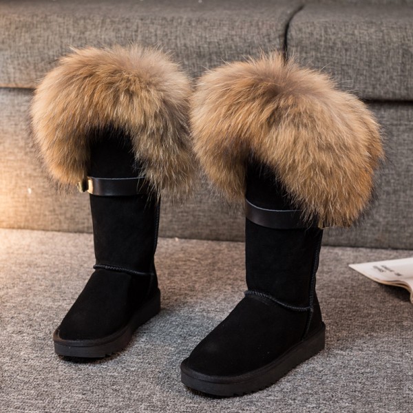Luxury Women's Fox Fur Boots Fluffy Tall Suede Winter Boots