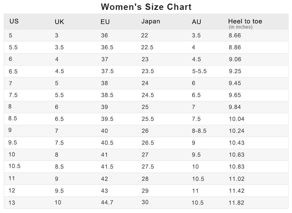 size chart for women slippers